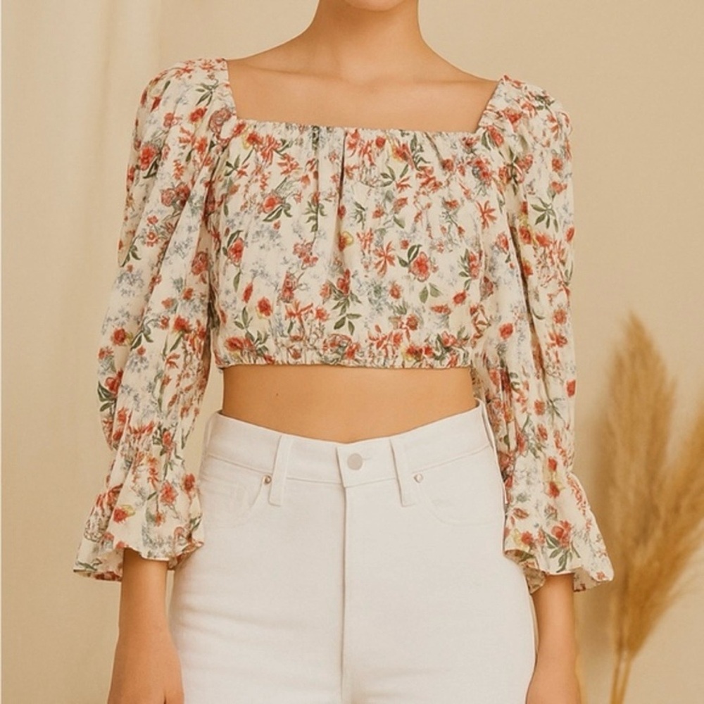 Alice + Olivia Floral Silk Blend Cropped Square Neck Balloon Sleeve Boho Top, S